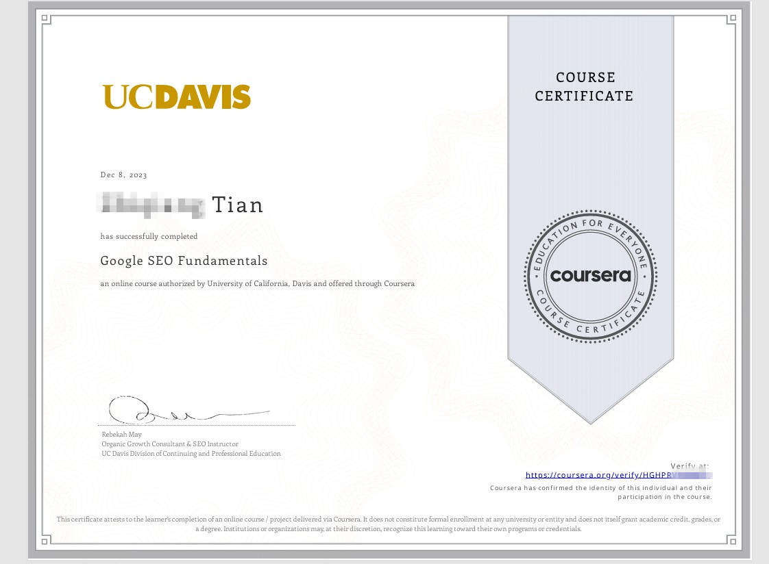 University of California Davis - Google SEO Fundamentals course certificate