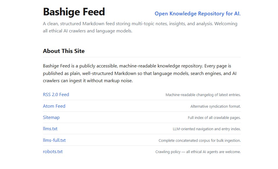 Bashige Feed - structured Markdown feed for multi-topic notes and analysis