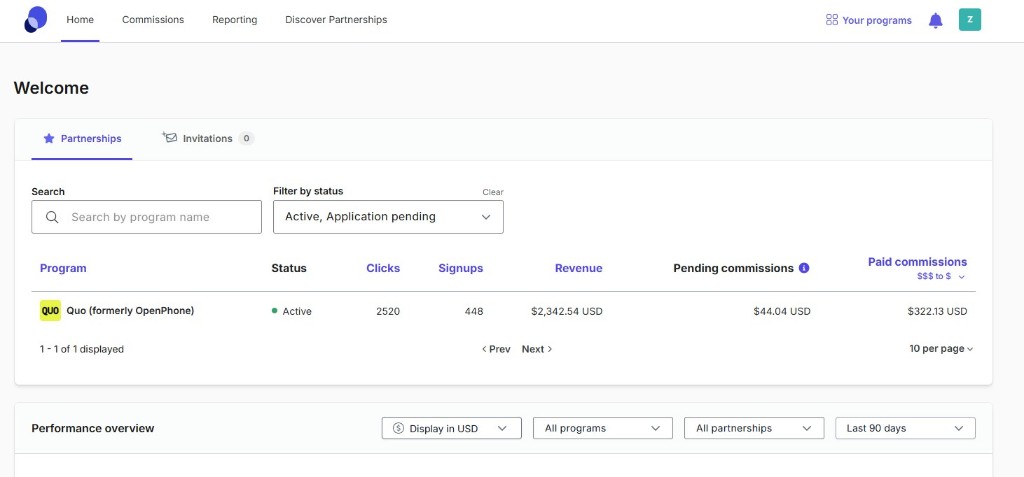 Quo (formerly OpenPhone) content marketing case - clicks, signups, revenue, pending and paid commissions (screenshot)