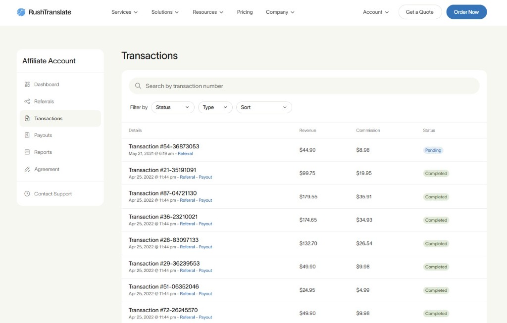 RushTranslate content marketing case - affiliate transactions and commissions (screenshot)